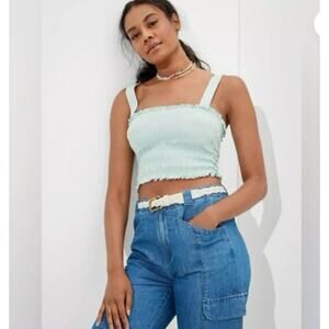 🔥 American Eagle Square Neck Smocked Mint Crop Top Women's Size Medium Green